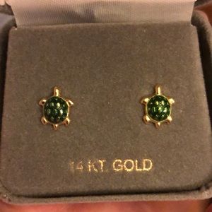 14K Gold Turtle Earrings with Green Shell